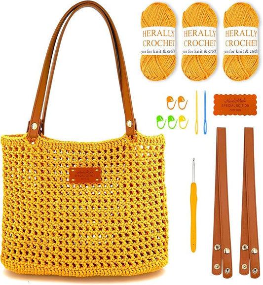 Herally Crochet Kit DIY Bag for Beginners - Include Yarn, Hook and Accessory - with Step by Step Video Tutorials - Crochet Tote Bag (Yellow)