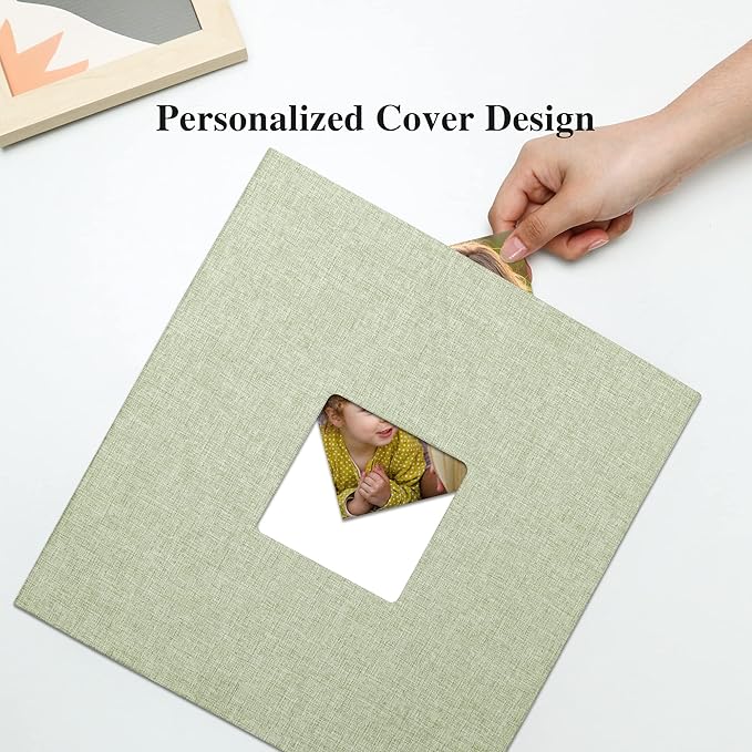 Vienrose Large Photo Album Self Adhesive for 4x6 8x10 10x12 Pictures Linen Scrapbook Album DIY 60 Blank Pages with A Metallic Pen Grassgreen