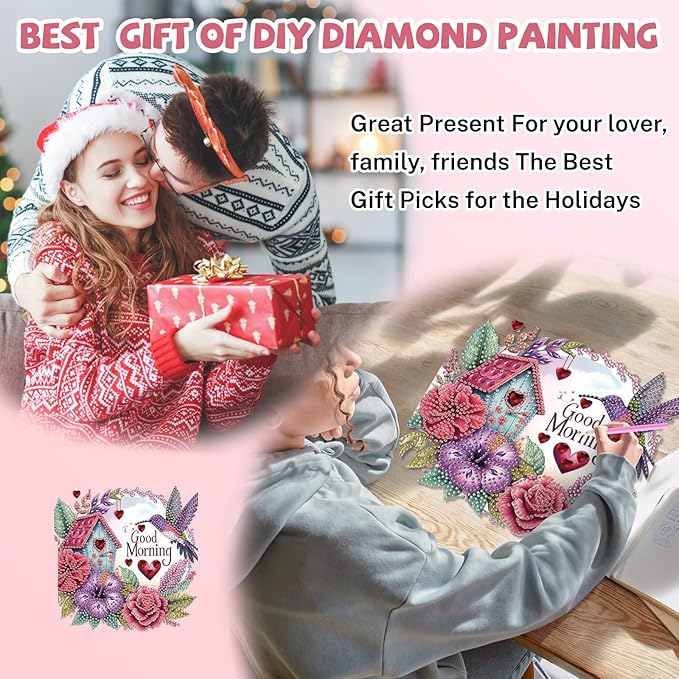 Bowetile Birds Diamond Art Hanging Kits for Adults, Good Morning Diamond Art Suncatchers Flowers, 5D Special Shape Diamond Painting Pendant Window Ornament Gifts for Home Door Wall Decor