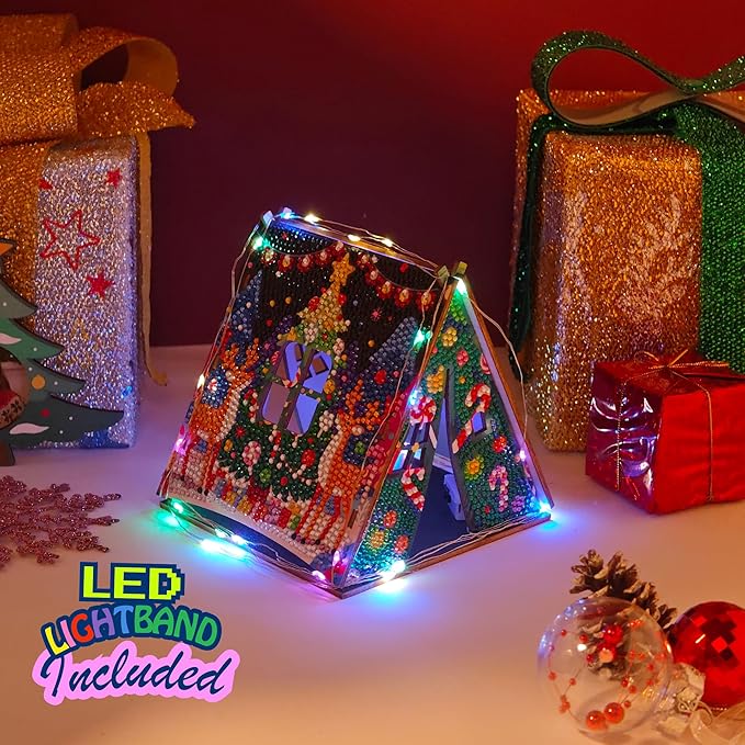 Party Ready 3D Diamond Painting Tent Craft Kit with LED Lights – Full Drill Crystal Mosaic Wood Puzzle, DIY Holiday Decorative Art for Home Display (Christmas Reindeer)
