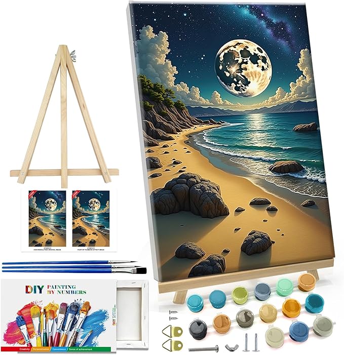 ATDMS Paint by Numbers Kit for Adults with Frame Moon Paint by Number with Easel Beach Adult Paint by Number Kits Framed Canvas DIY Moonlight Acrylic Oil Painting Kits for Home Wall Decor 8x12 Inch