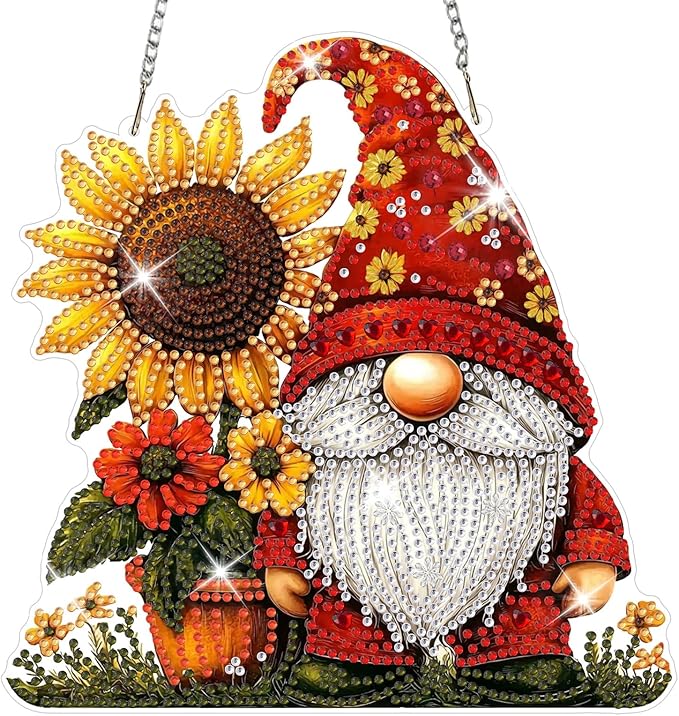 NAIMOER Diamond Art Hanging Kits for Adults Gnome Sunflower 5D Special Shaped Rhinestone, DIY Acrylic Diamond Art Painting Window Pendants Home Garden Wall Hanging Ornament Kits, Double Sided