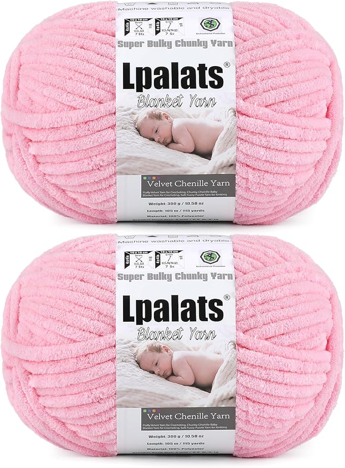 Baby Blanket Yarn for Crocheting - 2 Pack of 300g (Total 600g/21.2oz) Super Fluffy Chunky Chenille Yarn for hand Knitting, 230 yds Super Bulky Plush Yarn for Cozy Blankets and Amigurumi (2, Pale Pink)