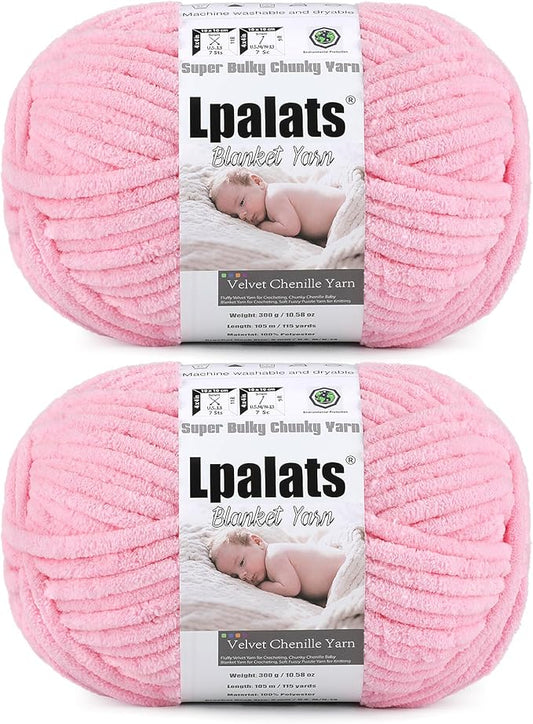 Baby Blanket Yarn for Crocheting - 2 Pack of 300g (Total 600g/21.2oz) Super Fluffy Chunky Chenille Yarn for hand Knitting, 230 yds Super Bulky Plush Yarn for Cozy Blankets and Amigurumi (2, Pale Pink)