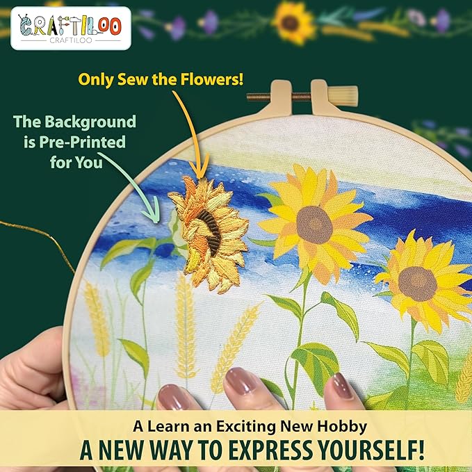 CRAFTILOO Embroidery Kit for Beginners Adults — 4 Floral Stamped Patterns, Learn 17 Stitches | Complete Needlepoint Kit with Hoop, Needles, Thread & Video Tutorial | Embroidery Kits for Adults Women