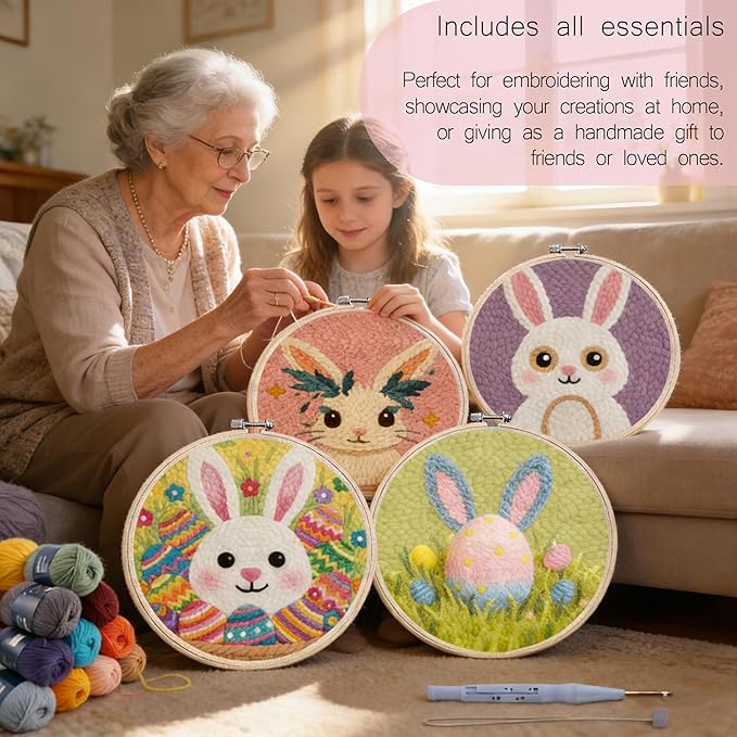 QBQBQ 4 Sets Easter Punch Needle Kits Adults Beginner, Easter Embroidery Kit with Printed Pattern and Bamboo Hoop, Festival Gift and Decoration