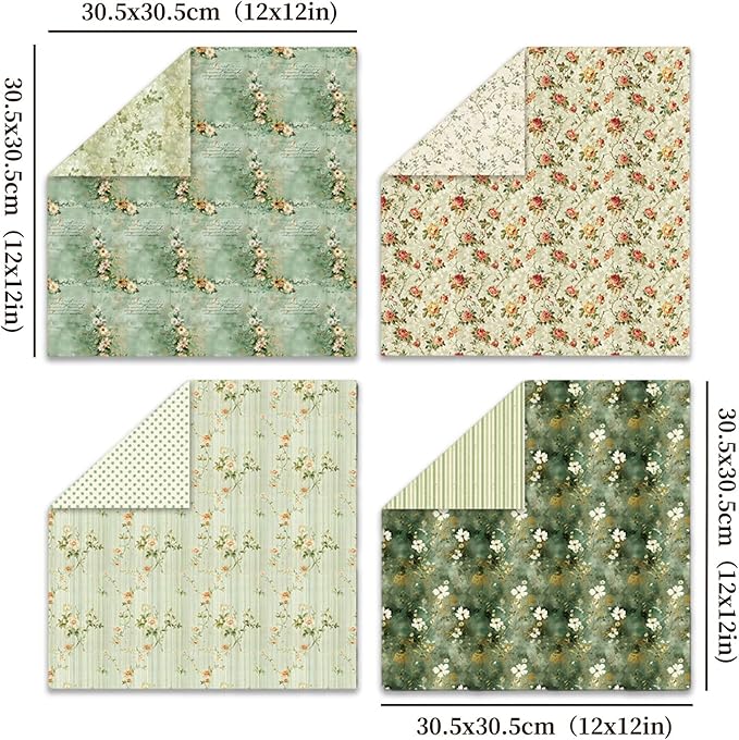 12x12 Scrapbook Paper, 24 Sheets/24 Designs Vintage Green Scrapbook Paper Set, Double-Sided Garden Pattern Floral Decorative Craft Paper For DIY Card Making Photo Album Journal Decor