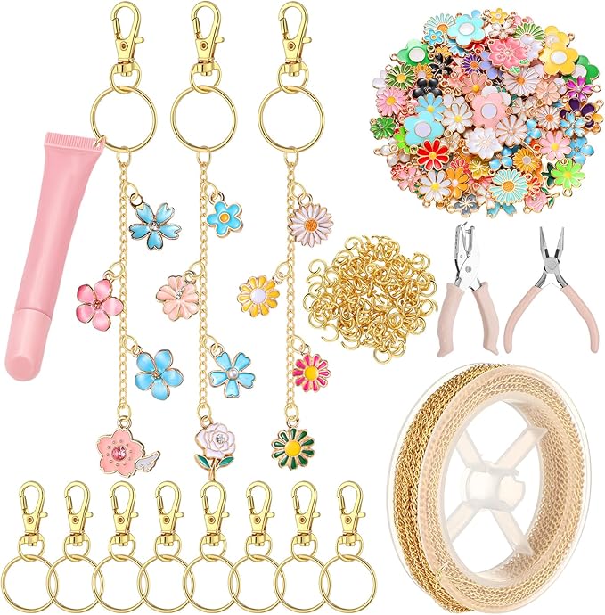 VioraWhite 213 Pcs Lip Gloss Keychain Making Kit 100 Pink Enamel Charms 32.81 ft Gold Chains for DIY Crafts Women(Floral)