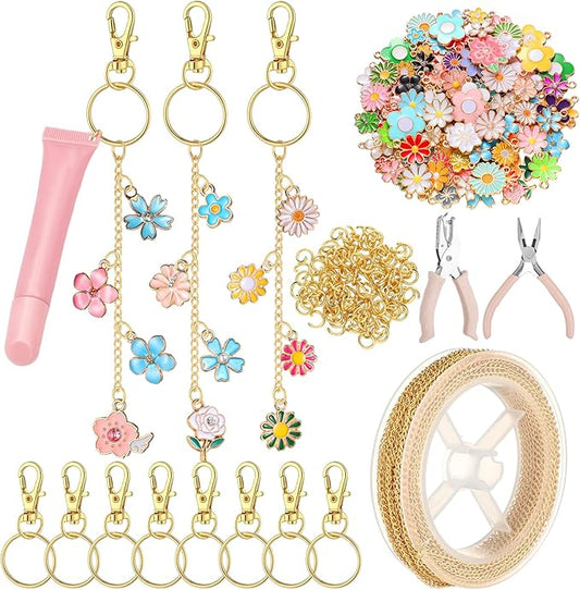 VioraWhite 213 Pcs Lip Gloss Keychain Making Kit 100 Pink Enamel Charms 32.81 ft Gold Chains for DIY Crafts Women(Floral)
