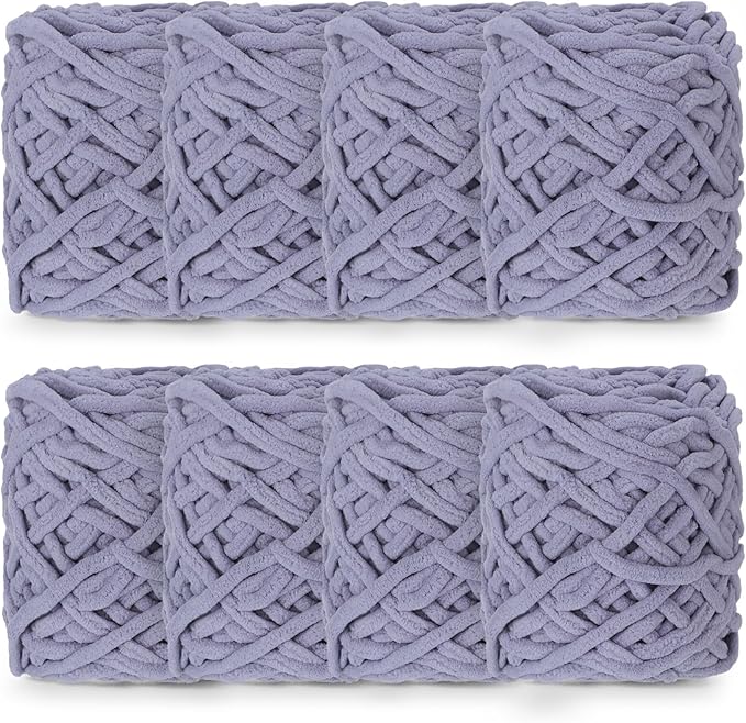 Buryeah Chunky Chenille Yarn for Crocheting Soft Thick Fluffy Yarn for Hand Knitting Bulky Velvet Blanket Plush for Weaving DIY Crafts Each 3.5 oz 55 Yards(Light Gray,8 Pack)