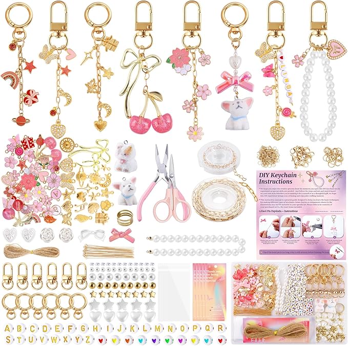 Wurosi 680 Pcs Keychain Making Kits, Pink DIY Bag Charm Kit, 78.74 Inch Chains, Key Chain Hooks, Jump Rings, Lobster Clasps, 225 Charms & Letter, Tools, Great for a Custom Gift, Party, or Family Activ