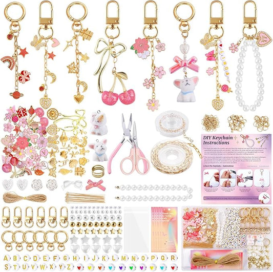Wurosi 680 Pcs Keychain Making Kits, Pink DIY Bag Charm Kit, 78.74 Inch Chains, Key Chain Hooks, Jump Rings, Lobster Clasps, 225 Charms & Letter, Tools, Great for a Custom Gift, Party, or Family Activ