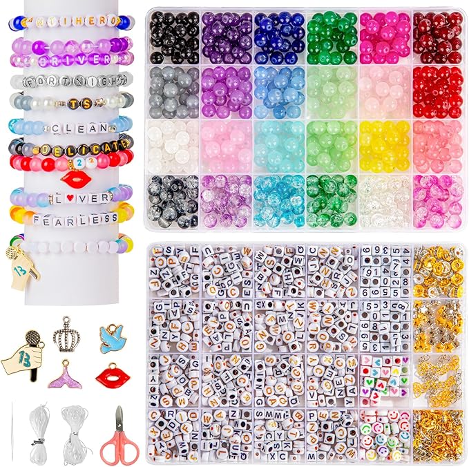 Goldwise Friendship Bracelet Kit - 2 Boxes with 24 Colors Glass(8mm) and Letter Beads (A-Z) for Jewelry Making, Varieties of Charms, Bracelet Making Kit, DIY Crafts for Gifts