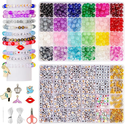 Goldwise Friendship Bracelet Kit - 2 Boxes with 24 Colors Glass(8mm) and Letter Beads (A-Z) for Jewelry Making, Varieties of Charms, Bracelet Making Kit, DIY Crafts for Gifts