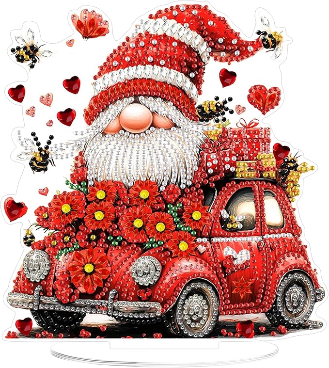 KEYIFA Diamond Painting Desktop Ornament, DIY Gnome Diamond Art for Adults Beginner, Red Flower Car Gem Arts Table Decor Special Shaped Rhinestone Crafts Home Desk Decoration Gift, Double Sided