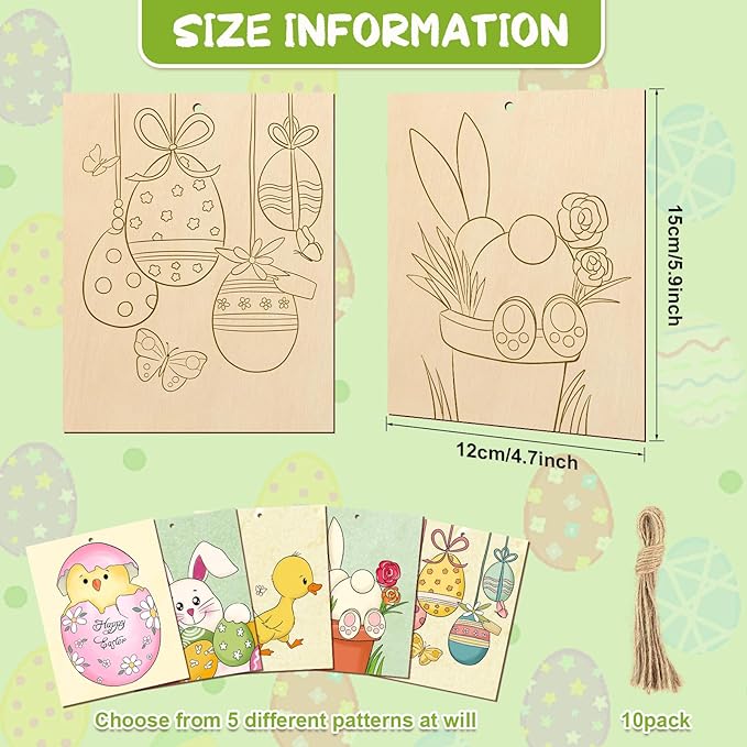 COCHIE 10 Pieces Large Easter Unfinished Wood Crafts to Paint for Adults, Bulk Predrilled Wooden Ornaments for Painting, Bunny Duck Eggs Paintable Wood Slices Craft Supplies with Ropes