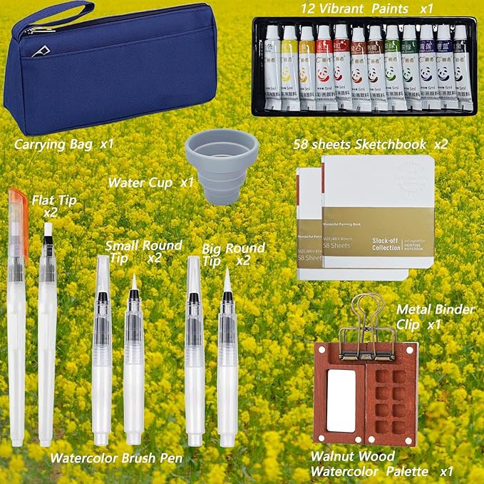 Mini Watercolor Paint Set, 12 Colors Travel Water Color Kit with Walnut Wood Palette (8 Wells), 6 Brush Pens, 2 Sketchbooks, Carrying Bag & Water Cup for Outdoor Painting and Urban Sketching