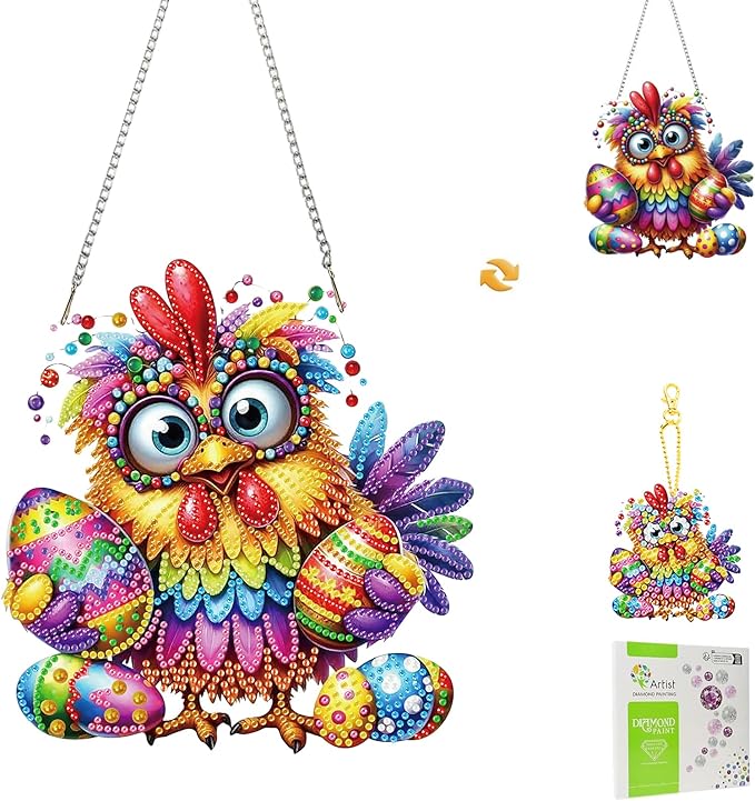 Masendp Easter Chick Diamond Painting Double-Sided Hanging Ornament Set, DIY Irregular Shaped Rhinestone Window Decoration Set, Suitable for Home and Garden Wall Decoration Gifts