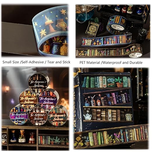 Magic PET Washi Tape Set,6 Rolls Vintage Reading Themed Scrapbook Tape Stickers for Journaling Supplies,Bullet Journaling,Planner,Notebook,Calendar,Photo Frame,DIY Craft(Magician Bookcase)