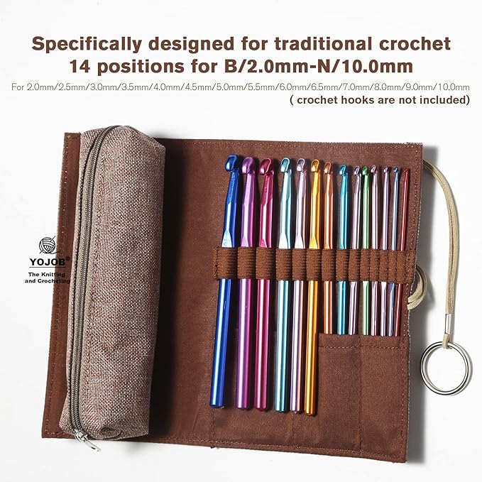 Traditional Aluminum Crochet Hooks Case, 14 Slots Roll-up Crochet Hook Organizer with a Detached Zipper Bag (Beige-Orange)