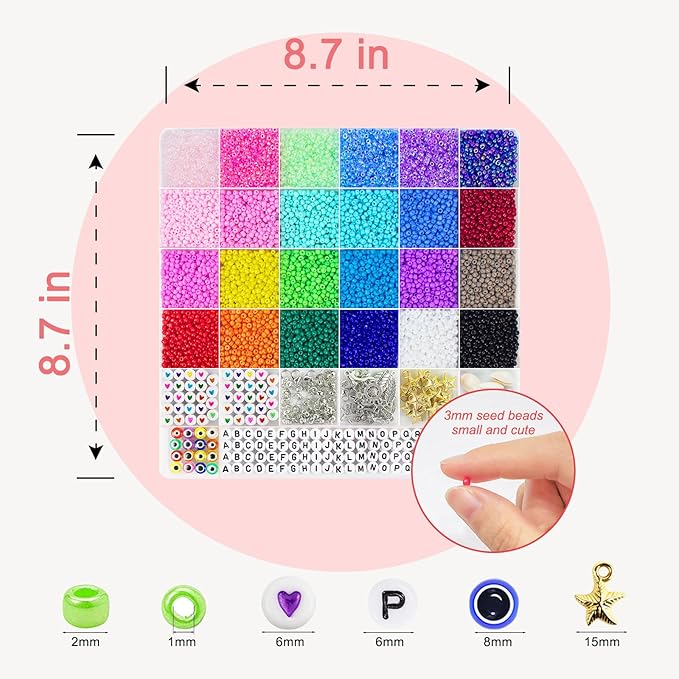 Redtwo 8000pcs 3mm Glass Seed Beads for Bracelet Making Kit, Small Beads Friendship Jewelry Making Kit, Letter Beads with Elastic String, DIY Art Craft Girls Gifts