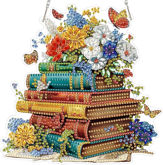 NEWENMO Hanging Diamond Art Kit for Adult, Vintage Books, 5D Special Shaped Rhinestone Diamond Painting Ornament, Floral Books, DIY Acrylic Diamond Art Painting Window Pendants Home Garden Wall Decor