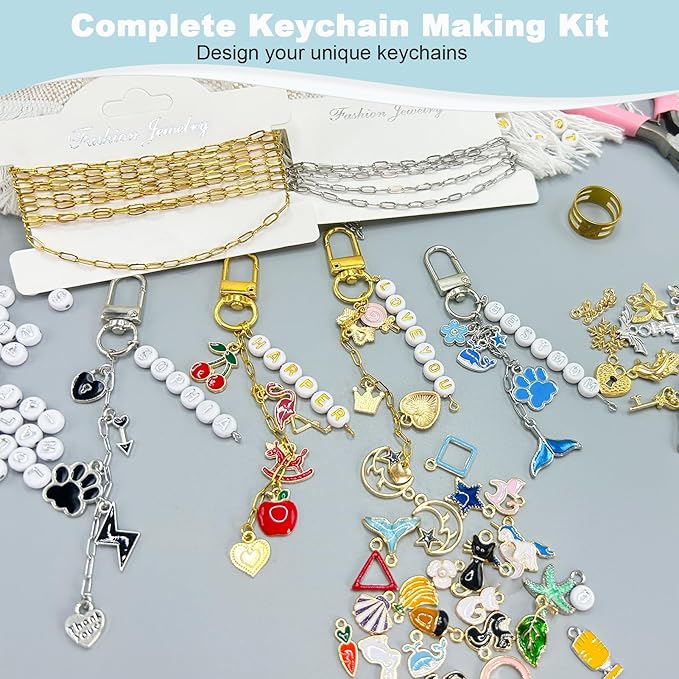 HejVulkan 588 PCS Keychain Making Kit with Charms, Gold and Silver Keychain DIY Kit with Jewelry Chains, Charms, Key Chain Clips, Letter Beads, for Key Chain Making Supplies DIY Crafts