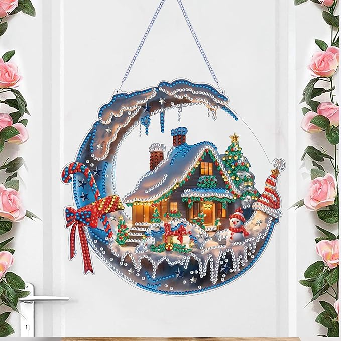 STGLCR Hanging Ornament Chirstmas House Diamond Painting Kits for Adults, Winter Diamond Art Kits for Beginners, 5D DIY Christmas Wreath Diamond Dot Art Pendants, Full Drill Moon Gem Craft 7.8 inch,