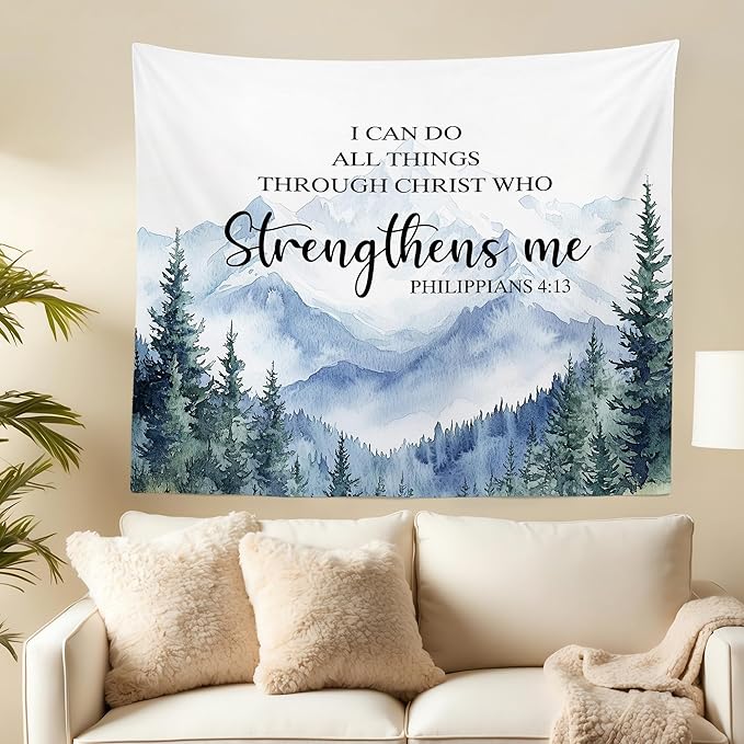 MNASAIOO Christian Mountian Woods Wall Tapestry Hanging for Bedroom, Bible Verse Scripture I can Do All Things through Christ Tapestries, Watercolor Wall Decor for Living Prayer Room Church 50x60in