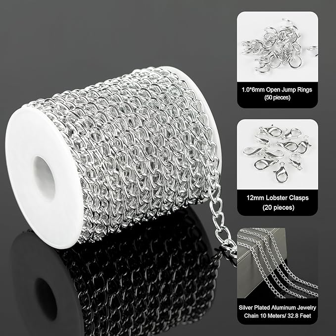YOUBEIYEE 33ft/10m Cable Link Chain for Jewelry Making Light Silver Plated Aluminum Jewelry Chains Bulk with Jump Rings and Lobster Clasps