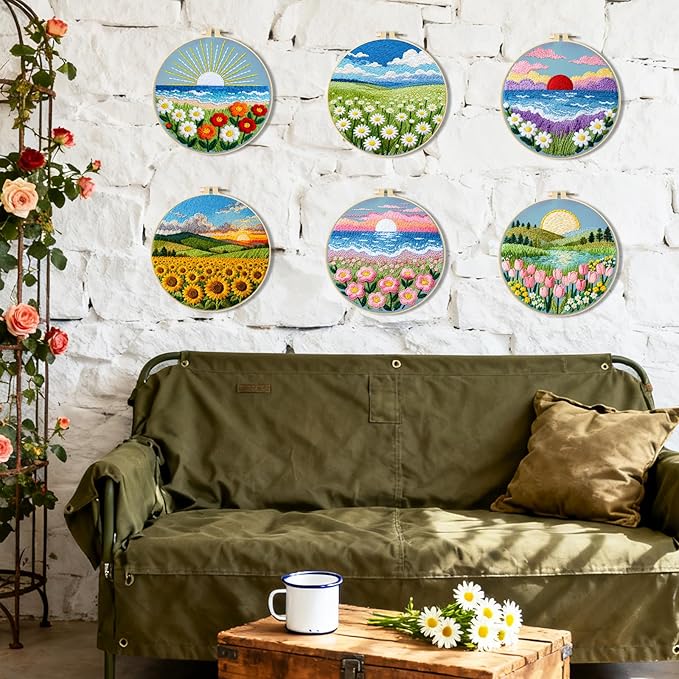 BEUNITONE Spring Landscape Embroidery Kit for Beginners, 6PC Needlepoint Kits with Hoops, Instructions, Threads, Needles, DIY Home Decor Craft for Adults, Creative Hand Embroidery Patterns for Gifts