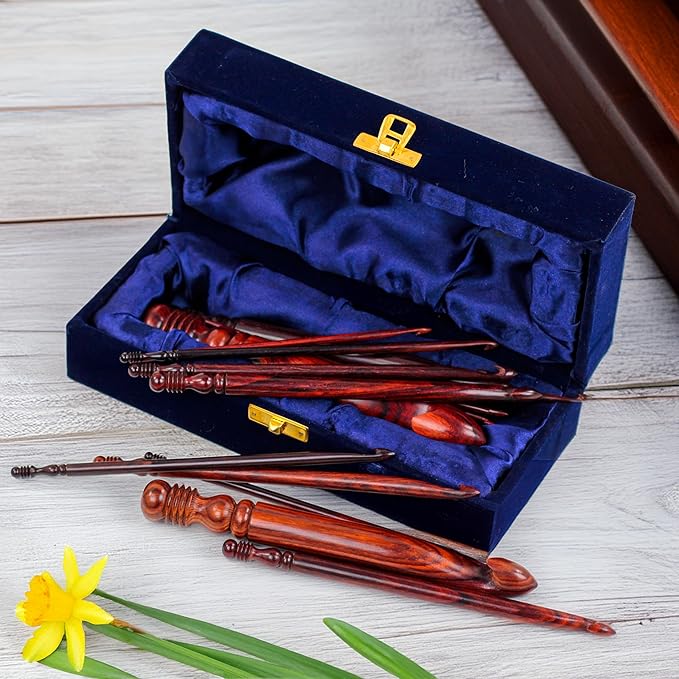 Exquisite Premium Rosewood Crafted Fine Crochet Hooks Pack with Exemplary Wood Work Handles Housed in Blue Velvet Box | Knitting & Crocheting Accessories by Nagina International