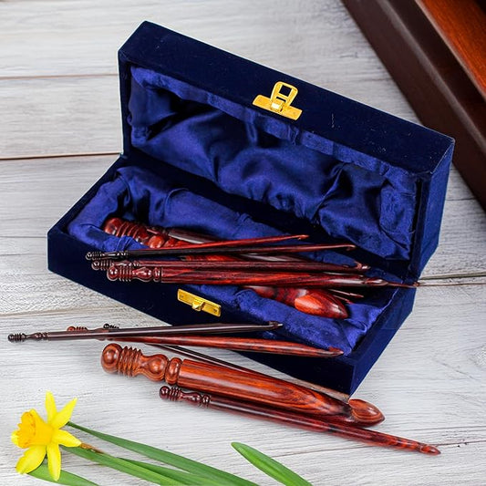 Exquisite Premium Rosewood Crafted Fine Crochet Hooks Pack with Exemplary Wood Work Handles Housed in Blue Velvet Box | Knitting & Crocheting Accessories by Nagina International