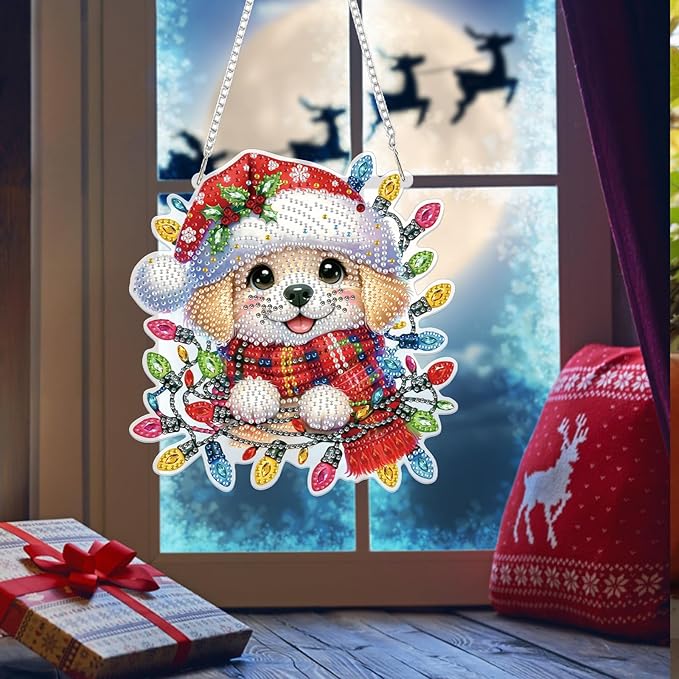 Bowetile Christmas Diamond Art Hanging Kits for Adults, Dog Diamond Art Suncatchers, 5D Special Shape Diamond Painting Pendant Window Ornament Christmas Gifts for Home Door Wall Decor