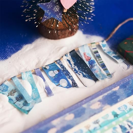 YUBX Winter Washi Tape Set 19 Rolls Skinny Snow Embellishment Blue Silver Foil Decorative Masking Tapes for Arts, DIY Crafts, Journals, Planners, Scrapbook, Wrapping