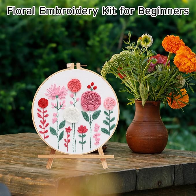 Nuberlic Embroidery Kit for Beginners -Floral Easy Embroidery Kits for Adults Starter Cross Stitch Kit DIY Needlepoint with Step-by-Step Instruction