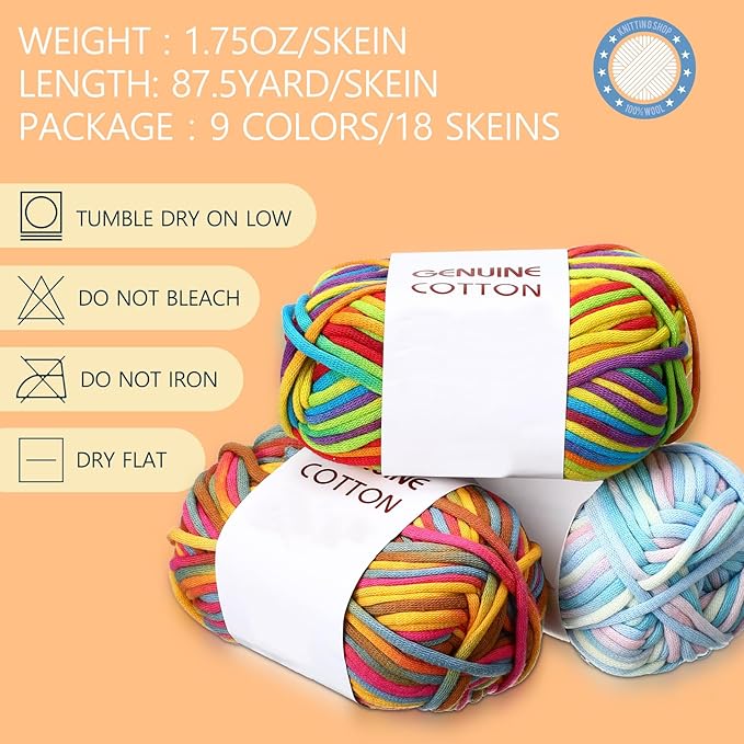 Timgle 18 Pack Beginners Crochet Yarn Cotton Yarn for Crocheting and Knitting with Easy to See Stitches Cotton Nylon Blend Yarn for Crochet Kit Making(Mixed Colors)