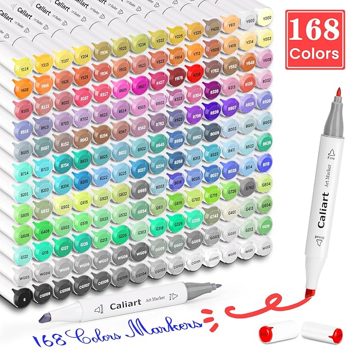 caliart markers, 168 colors dual tip art markers sketch pens permanent alcohol based, with case for adults artists drawing illustration sketching coloring