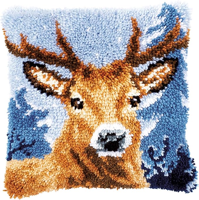 ZFFLYH Latch Hook Kit Pillow Deer Pillow Cover Sofa Cushion Mat DIY Craft Needlework Crocheting Embroidery Shaggy Home Decoration 17" X 17"