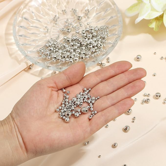 Silver Beads 1100 Pcs Smooth Round 3/4/6/8mm Silver Filled Beads for Bracelet Jewelry Making