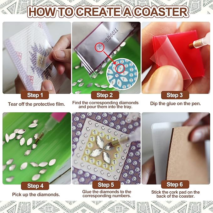 Temlum 6 Pcs Diamond Painting Coasters with Holder, Boho Diamond Coasters Small Diamond Painting Kits for Beginners, Adults Diamond Art Coasters Craft Supplies
