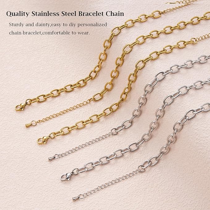 KYUNHOO 6.7 Inches Bracelet Chain for Jewelry Making 10pcs Stainless Steel Jewelry Links on Bulk Silver and Gold Plated Embossed Oval Chains for Bracelets DIY with Extender