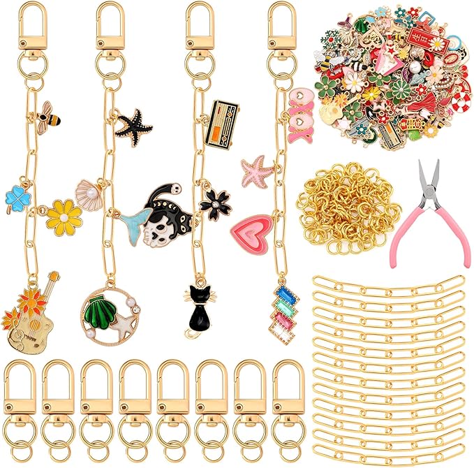 Tondiamo 286 Pcs Gold Keychain Making Kit Bulk Bag Charm Kit 120 Charms 20 Keychain Clips with Key Ring Swivel Snap Hook Lobster Claw Clasps 120 Jump Ring 25 Extender Chain Jewelry Plier DIY Craft