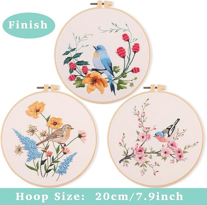 reewisly 3p embroidery starter kit patterns, diy adult cross stitch kits beginner, including 3 plastic embroidery rings, 1 scissors, colored threads,needles and instructions