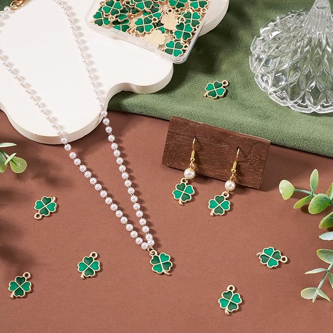 Cheriswelry 50Pcs Green Clover Charms Shamrock Four Leaf Lucky Pendants St. Patrick's Day Enamel Alloy Pendants 18x12x1.3mm for DIY Crafts Necklace Bracelet Earring Jewelry Making