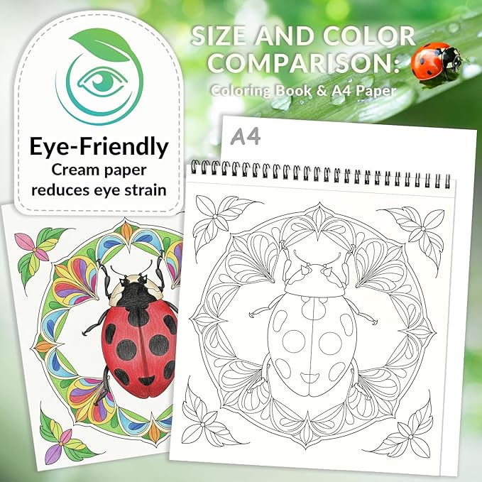 FUN LAVIE Adult Coloring Book - Mandala Coloring Books for Adults Relaxation and Teens Stress Relief, Featuring Large Print Mandalas Insect & Bloom Patterns for Women Mindfulness, Spiral Bound