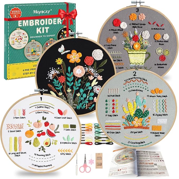 Meyocky Embroidery Kit for Beginners, 4 Pack Starter Embroidery Kits for Adults Learn 31 Stitches with Simple Patterns, Step-by-Step Video Stitch Practice Sampler Kit,Gift for Women Craft Lovers