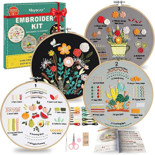 Meyocky Embroidery Kit for Beginners, 4 Pack Starter Embroidery Kits for Adults Learn 31 Stitches with Simple Patterns, Step-by-Step Video Stitch Practice Sampler Kit,Gift for Women Craft Lovers