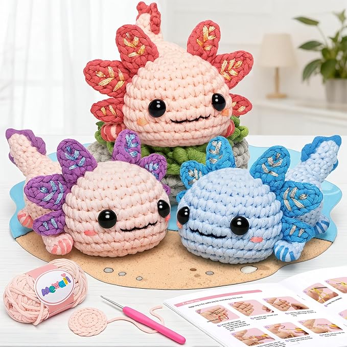 Mewaii Beginner Crochet Kit with 40% Extra Yarn, Pre-Started Yarn & Video Tutorials - 3 Axolotl Craft Set for Adults & Kids
