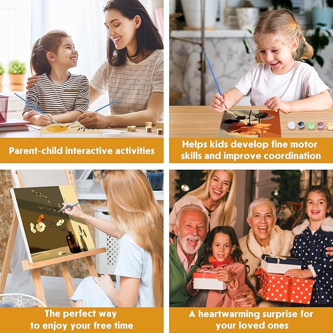 4 Pack Paint by Numbers Kit for Kids Beginner with Wooden Frame, Flowers in A Vase, Paint by Numbers Kit for Adults, Window Sill Sunlight Flower, DIY Painting Kits for Home Wall Decor 8x10 inch